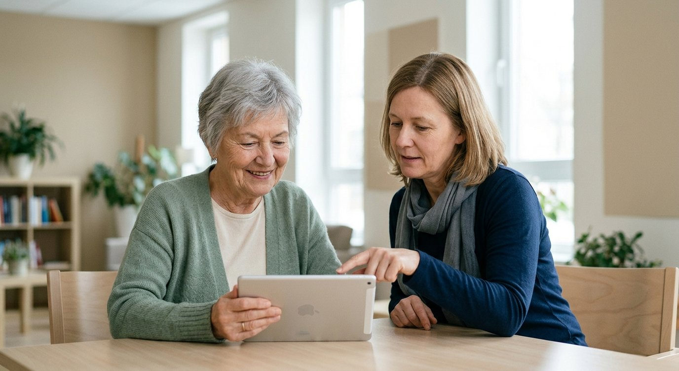 Ältere Frau übt lächelnd mit einem Tablet, daneben eine jüngere Person, die geduldig auf den Bildschirm zeigt – in einer Bibliothek mit warmem Tageslicht.
